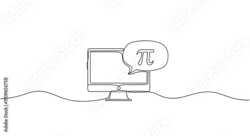 Continuous line drawing of computer monitor with pi symbol discussion bubble. no editable stroke