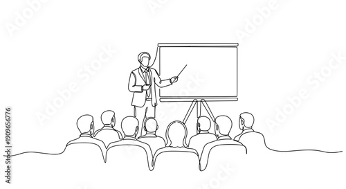 Caucasian male presenter conducting business presentation to diverse audience. no editable stroke