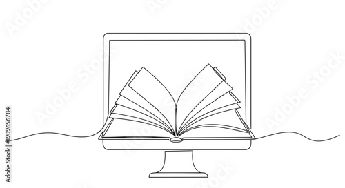 Open book on computer screen depicting digital learning concept. no editable stroke