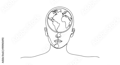 Line art outline of human with earth as head symbolizing global awareness. no editable stroke