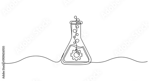 Continuous line drawing of laboratory flask with bubbles and gear symbol. no editable stroke