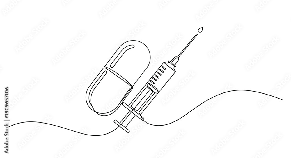 Obraz premium Outline of medical syringe and capsule - minimalistic healthcare illustration. no editable stroke