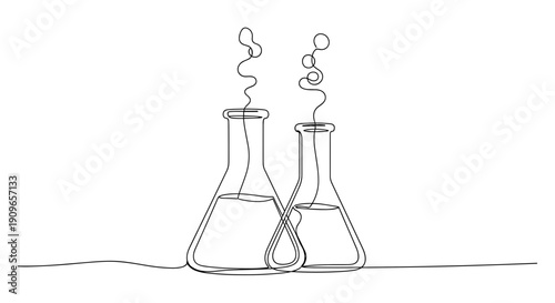 Continuous line drawing of two laboratory flasks with vapor. no editable stroke