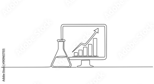 Line art of computer screen with graph and laboratory flask indicating growth. no editable stroke