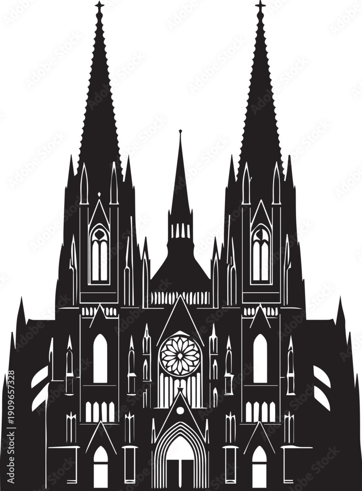 Fototapeta premium Gothic cathedral silhouette vector illustration of ornate historical church facade design