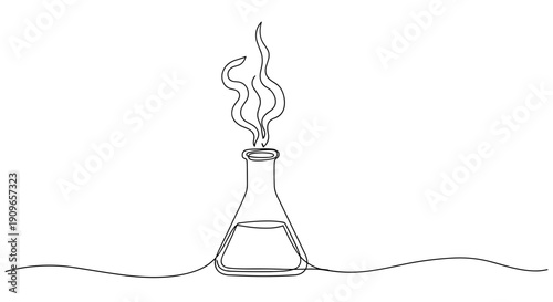Minimalist continuous line drawing of a chemistry flask with vapor. no editable stroke