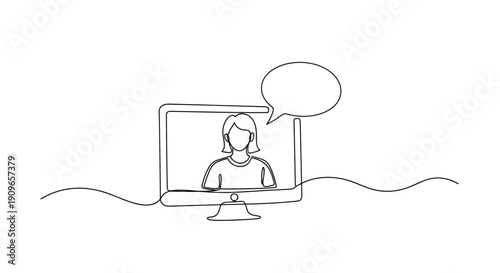 Continuous line drawing of person on video call with speech bubble. no editable stroke