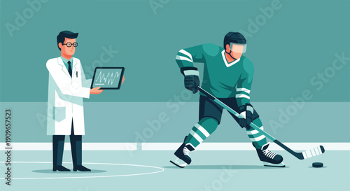 Professional hockey player receiving medical assessment from a doctor with a tablet, emphasizing sports health, injury prevention, and athletic performance.