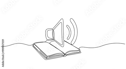 Line art: open book with speaker icon depicting audiobook concept. no editable stroke