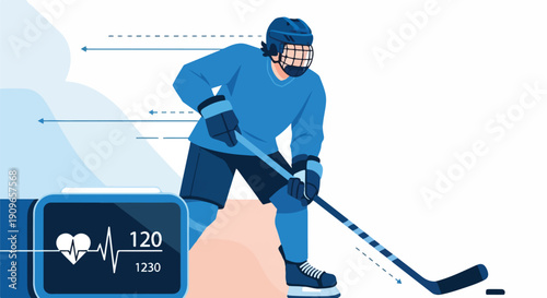Ice Hockey Player Training with Smartwatch Monitoring Heart Rate and Performance Data. Modern Sports Technology and Fitness Tracking Concept.