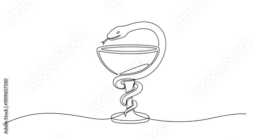 Minimalist line art of serpent coiling around medical chalice symbolizing healing. no editable stroke