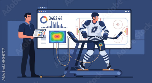 Hockey player performance testing: Athlete on treadmill with sensors, coach analyzes real-time sports science data and technology for optimal training.