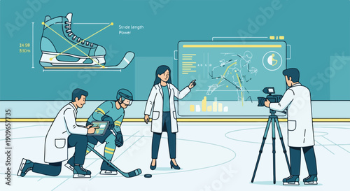 Scientists using advanced technology to analyze ice hockey player performance, biomechanics, and equipment design on an ice rink.