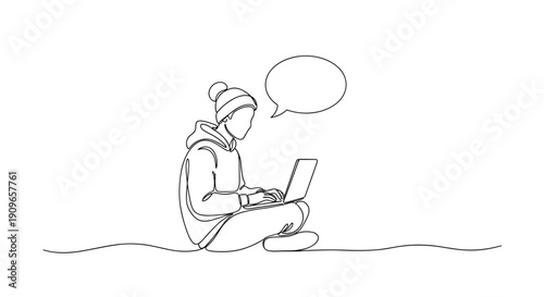 Line art of young caucasian male using laptop with speech bubble. no editable stroke