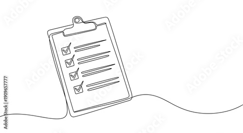 Continuous line drawing of checklist on clipboard with checkmarks. no editable stroke