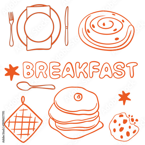 Hand Drawn Breakfast Doodle with Plate Cutlery Pancakes Oven Mitt and Bakery

