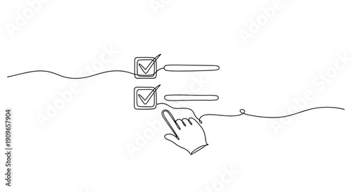 Minimalist hand drawing completing checklist with boxes and check marks. no editable stroke