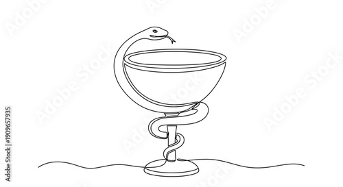 Monochrome line art of serpent coiled around chalice. no editable stroke