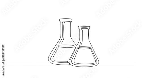 Continuous line drawing of two laboratory flasks with liquid. no editable stroke