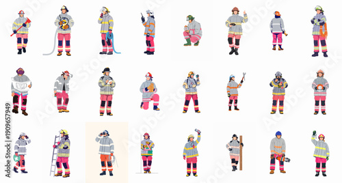 Firefighter Characters Set: Professionals in Protective Uniforms Holding Axes, Hoses, and Rescue Tools, Performing Various Emergency Duties.