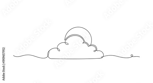Minimalist continuous line art: sun rising over a cloud. no editable stroke