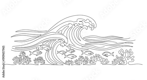 Black and white ocean wave drawing with fishes and coral reefs. no editable stroke
