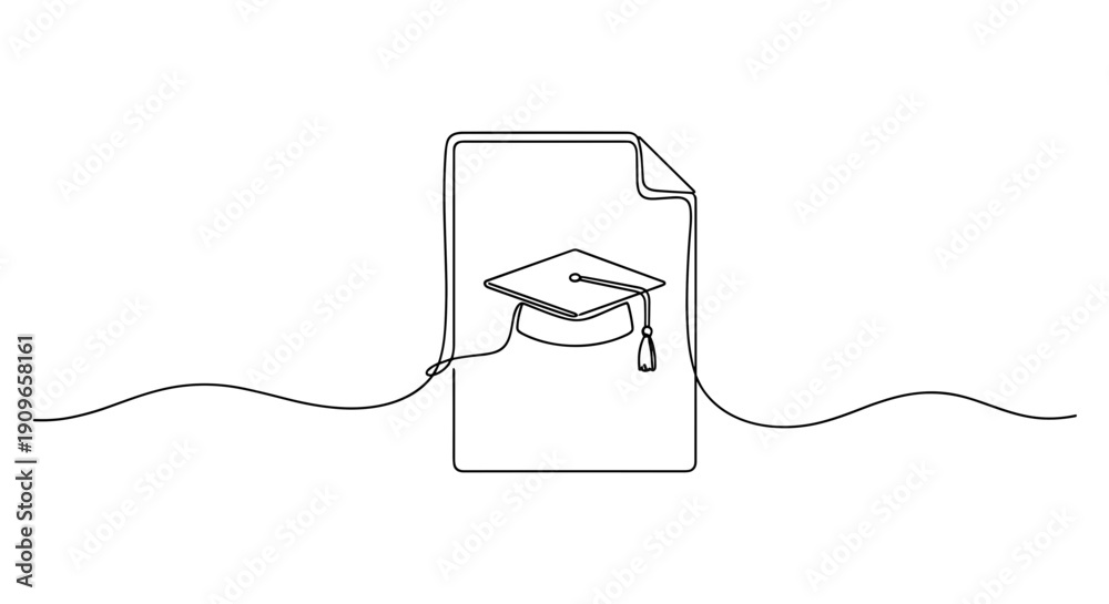 Obraz premium Minimalistic continuous line art of graduation cap on document. no editable stroke