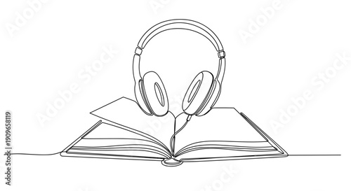 Continuous line art of headphones and open book symbolizing audiobooks and learning. no editable stroke