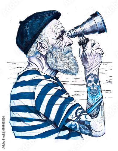 Sailor Looking Through Telescope Toward Distant Horizon