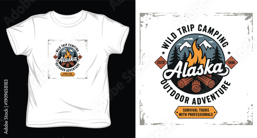 Alaska wild trip camping and outdoor adventure badge for tshirt design featuring campfire mountains and pine trees