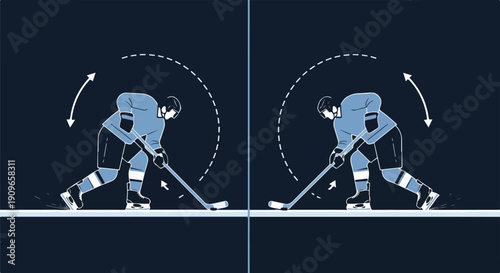 Ice Hockey Player Demonstrating Slap Shot Technique with Motion Arrows and Split Screen Comparison