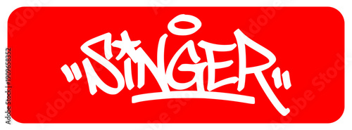 Urban graffiti "SINGER" tag lettering on red background. Hip hop handstyle vector design for musicians, performers, and street culture aesthetic.