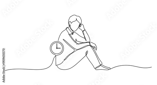 Continuous line drawing of a pensive person sitting with clock symbol. no editable stroke