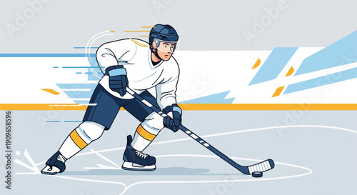 Professional ice hockey player in a dynamic pose, stickhandling on an ice rink. Vector illustration capturing the speed and excitement of winter sports.