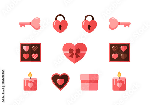 Collection of Valentine Day Symbols Including Locks Keys Heart Chocolate Candles Gift Boxes For Romantic Celebration Design Elements
