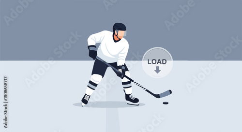 Dynamic vector illustration of an ice hockey player stickhandling the puck on a rink, ready for action. Modern graphic depicting winter sports and competitive games.