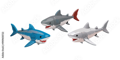 Cut Out Set of 3D Stuffed Shark Toy Isolated on Transparent or White Background: PNG Clipart Illustration .vector icon