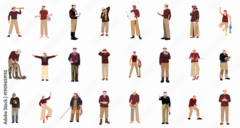 Obraz premium Diverse sailors and mariners vector set: men in striped shirts performing various nautical activities.