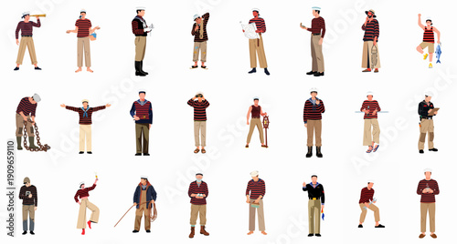 Diverse sailors and mariners vector set: men in striped shirts performing various nautical activities.