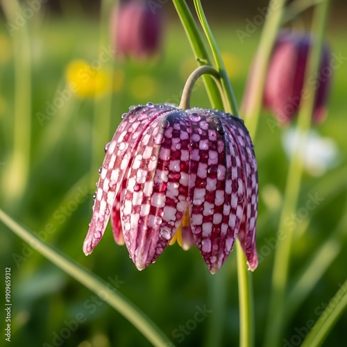 Close-up of a Fritillaria meleagris flower in bloom.
