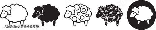 A set of five minimalist sheep icons in different styles, including outline, solid, and silhouette variations Vector