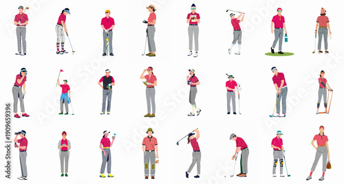 Flat vector set of male and female golfers performing various actions, including swinging, putting, walking, and checking scores, on a white background.