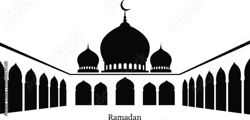 Silhouette of mosque complex with domes and arches, Ramadan Kareem text below, for Islamic architecture