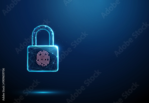 3d blue padlock with fingerprint instead of keyhole. Biometric security, authentication, identity verification, secure access control, personal data protection concept.