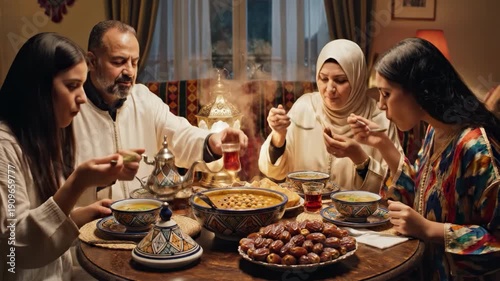 Family gathered around table with traditional dishes and tea