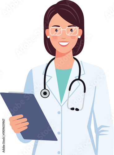 A friendly female doctor in a white coat with glasses and a stethoscope holding a clipboard
