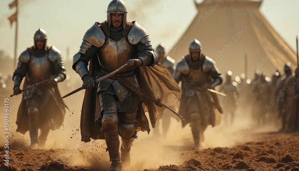 Fototapeta premium Men in metal armor march across a dusty field. Knights with swords advance in formation. They wear helmets and chainmail. Medieval army charges forward under tents.