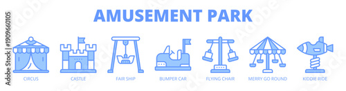 Amusement Park web banner icon vector illustration concept for family entertainment, with icon of circus, castle, fair ship, bumper car, flying chair, merry go round, and kiddie ride.