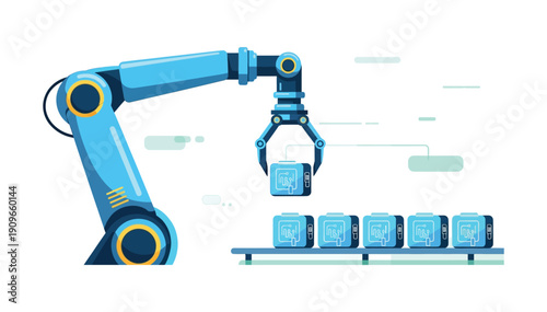 Robotic arm efficiently lifting and placing boxes on a conveyor belt in a modern industrial setting with precision