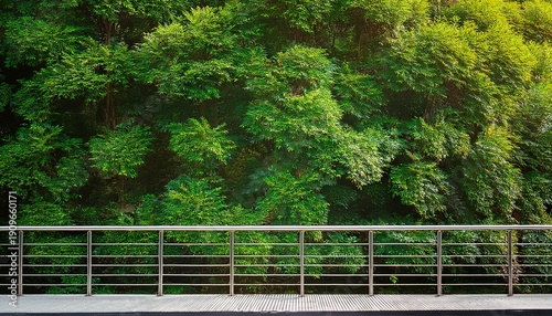 empty metal balustrade for product composition against vibrant green bush nature concept for wallpaper social media post or website